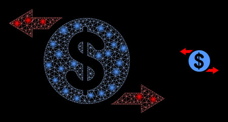 Glossy polygonal mesh net dollar exchange arrows icon with glare effect on a black background. Constellation dollar exchange arrows iconic vector with glitter dots in bright colors.のイラスト素材