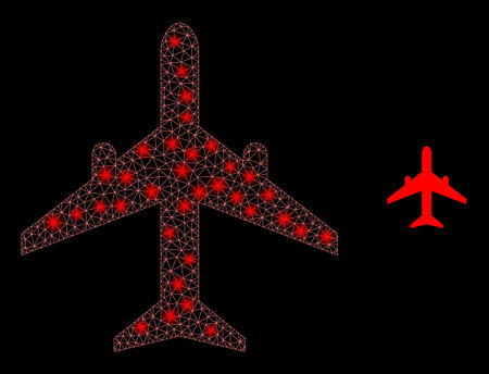 Glossy polygonal mesh web airplane icon with glare effect on a black background. Constellation airplane iconic vector with shiny spheres in stardust colors. Abstract 2d mesh designed with triangles,のイラスト素材