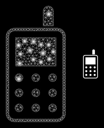 Glossy polygonal mesh net radio transmitter icon with glare effect on a black background. Carcass radio transmitter iconic vector with glowing dots in vibrant colors.のイラスト素材