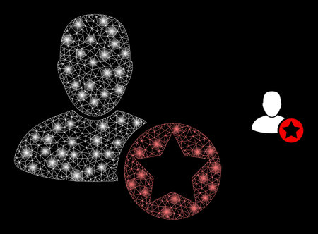 Glossy polygonal mesh web star favourites person icon with glare effect on a black background. Constellation star favourites person iconic vector with flash spheres in majestic colors.のイラスト素材
