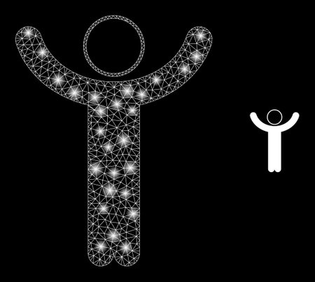 Glossy polygonal mesh web hands up person icon with glitter effect on a black background. Carcass hands up person iconic vector with flash dots in stardust colors.のイラスト素材