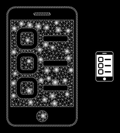 Glossy polygonal mesh web smartphone tasks icon with glow effect on a black background. Carcass smartphone tasks iconic vector with glamour points in stardust colors.のイラスト素材