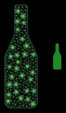 Glossy polygonal mesh net wine bottle icon with glow effect on a black background. Carcass wine bottle iconic vector with glamour points in magic colors.のイラスト素材
