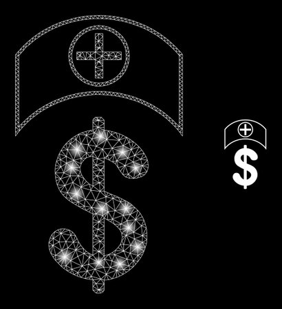 Glossy polygonal mesh net medicine price icon with glow effect on a black background. Carcass medicine price iconic vector with glowing dots in magic colors.のイラスト素材