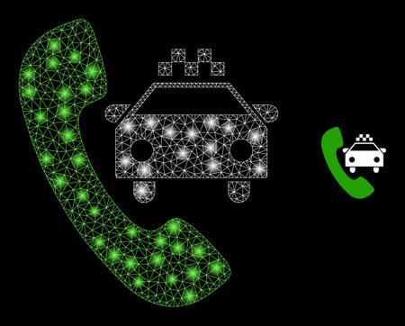 Glossy polygonal mesh web taxi phone icon with glare effect on a black background. Network taxi phone iconic vector with glitter dots in majestic colors.のイラスト素材