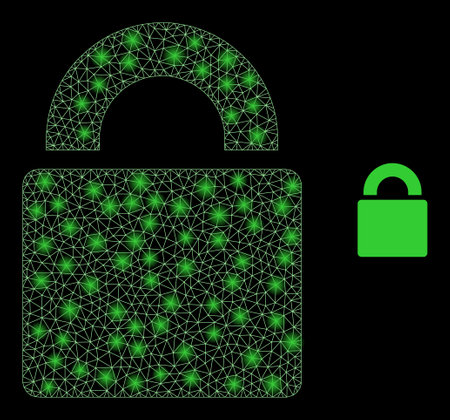 Glossy polygonal mesh web lock icon with glow effect on a black background. Carcass lock iconic vector with flash dots in bright colors. Abstraction flat mesh designed with polygonal grid,のイラスト素材