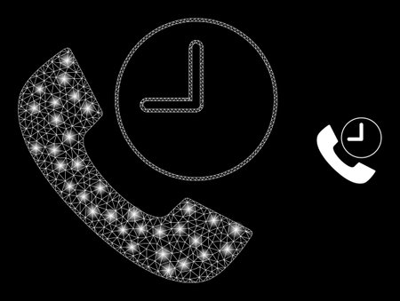Glossy polygonal mesh net phone call time icon with glare effect on a black background. Constellation phone call time iconic vector with glamour spheres in stardust colors.のイラスト素材