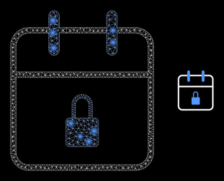 Glossy polygonal mesh net lock calendar page icon with glow effect on a black background. Wire frame lock calendar page iconic vector with glamour spheres in magic colors.のイラスト素材