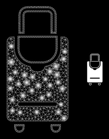 Glossy polygonal mesh net voyage luggage icon with glare effect on a black background. Constellation voyage luggage iconic vector with glitter dots in bright colors.のイラスト素材