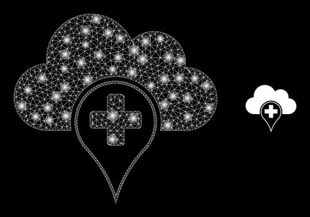 Glossy polygonal mesh web medical cloud icon with glow effect on a black background. Carcass medical cloud iconic vector with glowing points in vibrant colors.のイラスト素材