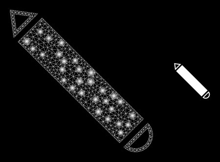 Glossy polygonal mesh net pencil icon with glare effect on a black background. Constellation pencil iconic vector with glowing dots in stardust colors.のイラスト素材