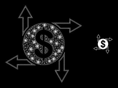 Glossy polygonal mesh net dollar emission icon with glow effect on a black background. Constellation dollar emission iconic vector with glowing spheres in majestic colors.のイラスト素材