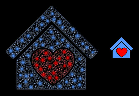 Glossy polygonal mesh web love house icon with glow effect on a black background. Network love house iconic vector with illuminated spheres in bright colors.のイラスト素材