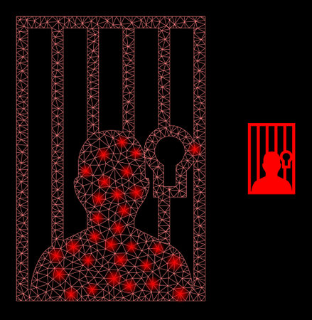 Glossy polygonal mesh net jailed person icon with glare effect on a black background. Wire frame jailed person iconic vector with flash points in magic colors.のイラスト素材