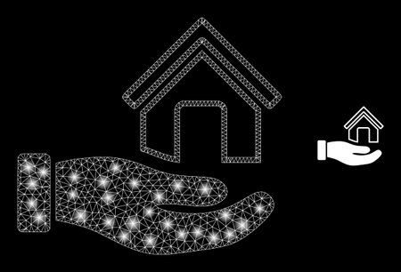 Glossy polygonal mesh net hand offer house icon with glow effect on a black background. Carcass hand offer house iconic vector with illuminated points in bright colors.のイラスト素材