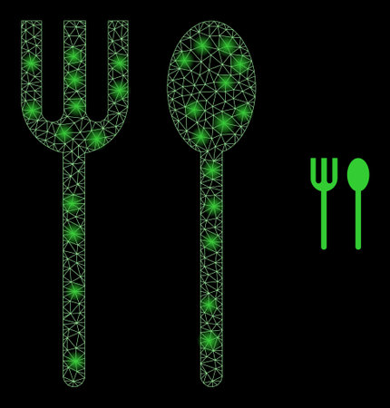 Glossy polygonal mesh web spoon and fork icon with glitter effect on a black background. Network spoon and fork iconic vector with glitter points in majestic colors.のイラスト素材