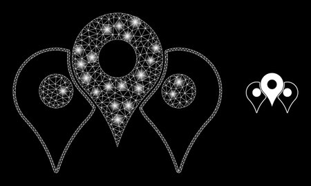 Glossy polygonal mesh net map markers icon with glare effect on a black background. Carcass map markers iconic vector with glowing points in stardust colors.のイラスト素材