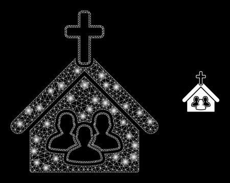 Glossy polygonal mesh net church people icon with glitter effect on a black background. Constellation church people iconic vector with glitter dots in vibrant colors.のイラスト素材