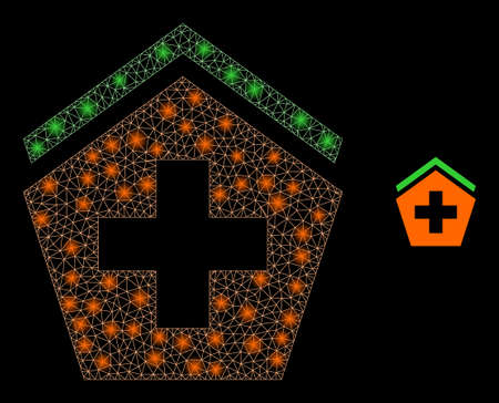 Glossy polygonal mesh net hospital icon with glitter effect on a black background. Carcass hospital iconic vector with glitter dots in majestic colors.のイラスト素材