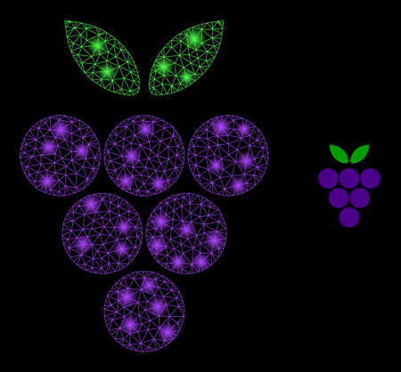 Glossy polygonal mesh net grape berry icon with glare effect on a black background. Carcass grape berry iconic vector with shiny spheres in majestic colors.のイラスト素材