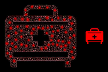 Glossy polygonal mesh web medical baggage icon with glow effect on a black background. Constellation medical baggage iconic vector with flash points in vibrant colors.のイラスト素材