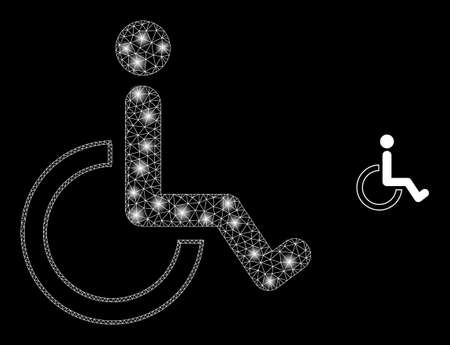 Glossy polygonal mesh web wheelchair icon with glow effect on a black background. Carcass wheelchair iconic vector with glowing dots in bright colors. Abstract 2d mesh is designed with polygonal grid,のイラスト素材