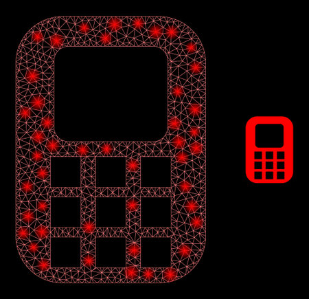 Glossy polygonal mesh net cellphone icon with glitter effect on a black background. Carcass cellphone iconic vector with shiny points in vibrant colors.のイラスト素材