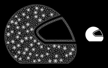 Glossy polygonal mesh net motorcycle helmet icon with glare effect on a black background. Carcass motorcycle helmet iconic vector with glowing points in stardust colors.のイラスト素材