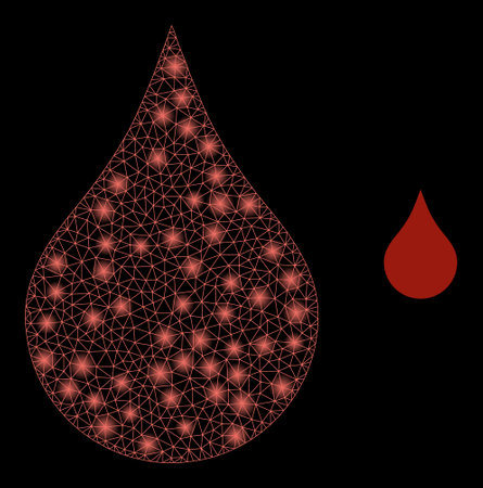 Glossy polygonal mesh net red blood drop icon with glow effect on a black background. Network red blood drop iconic vector with flash points in vibrant colors.のイラスト素材