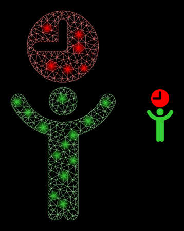 Glossy polygonal mesh net time manager icon with glitter effect on a black background. Carcass time manager iconic vector with shiny spheres in vibrant colors.のイラスト素材