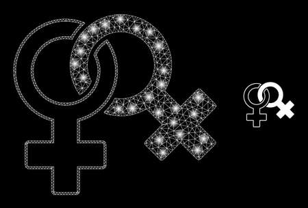 Glossy polygonal mesh web lesbian symbol icon with glare effect on a black background. Network lesbian symbol iconic vector with illuminated spheres in magic colors.のイラスト素材