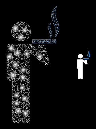 Glossy polygonal mesh web smoker icon with glare effect on a black background. Network smoker iconic vector with illuminated dots in magic colors. Abstract 2d mesh designed with polygonal grid,のイラスト素材