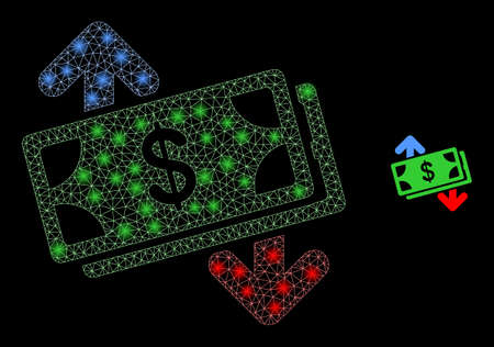 Glossy polygonal mesh web banknotes exchange arrows icon with glare effect on a black background. Constellation banknotes exchange arrows iconic vector with glamour points in majestic colors.のイラスト素材