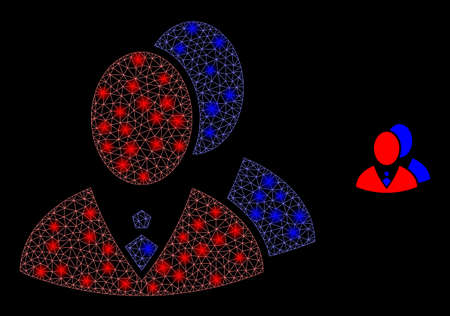 Glossy polygonal mesh web managers icon with glare effect on a black background. Network managers iconic vector with glowing spheres in bright colors. Abstract 2d mesh created from polygonal grid,のイラスト素材