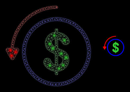 Glossy polygonal mesh web undo payment icon with glitter effect on a black background. Network undo payment iconic vector with illuminated dots in majestic colors.のイラスト素材