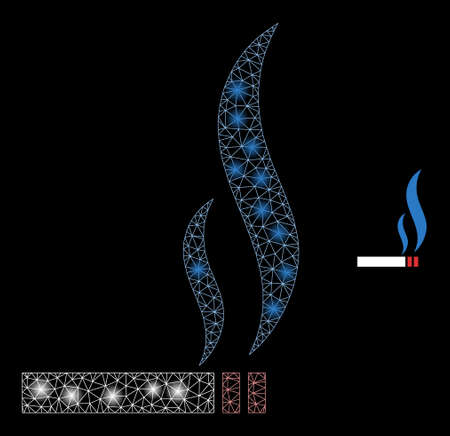 Glossy polygonal mesh web smoking cigarette icon with glitter effect on a black background. Network smoking cigarette iconic vector with glowing dots in stardust colors.のイラスト素材