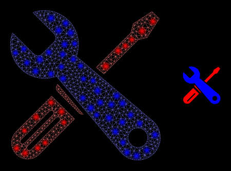 Glossy polygonal mesh net repair tools icon with glitter effect on a black background. Network repair tools iconic vector with shiny spheres in stardust colors.のイラスト素材