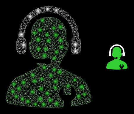 Glossy polygonal mesh net repair service operator icon with glitter effect on a black background. Wire frame repair service operator iconic vector with illuminated dots in majestic colors.のイラスト素材