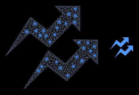 Glossy polygonal mesh web trend arrows icon with glow effect on a black background. Wire frame trend...