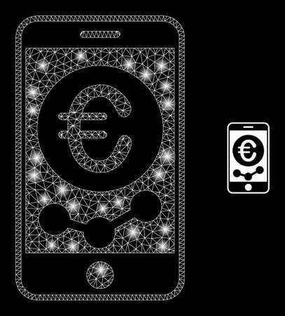 Glossy polygonal mesh net mobile euro chart icon with glow effect on a black background. Constellation mobile euro chart iconic vector with shiny dots in majestic colors.のイラスト素材