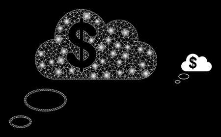 Glossy polygonal mesh net financial dream clouds icon with glow effect on a black background. Carcass financial dream clouds iconic vector with shiny spheres in stardust colors.のイラスト素材