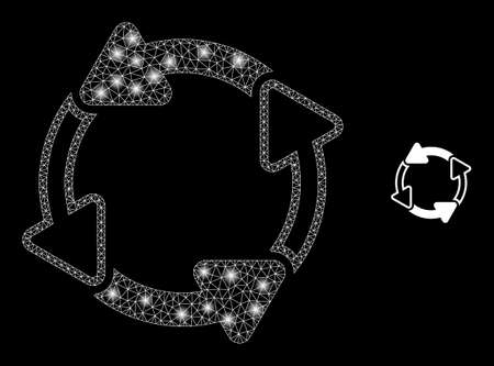 Glossy polygonal mesh web circulation arrows icon with glitter effect on a black background. Wire frame circulation arrows iconic vector with glitter points in vibrant colors.のイラスト素材