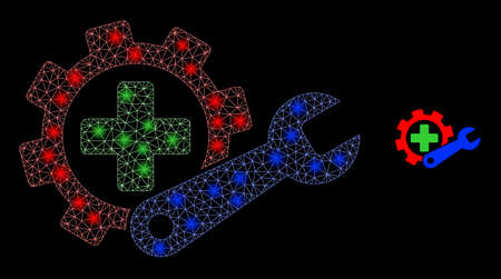 Glossy polygonal mesh net medical settings icon with glare effect on a black background. Constellation medical settings iconic vector with illuminated dots in bright colors.のイラスト素材