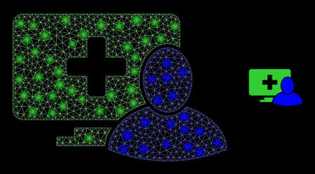 Glossy polygonal mesh net computer patient icon with glow effect on a black background. Constellation computer patient iconic vector with glamour points in magic colors.のイラスト素材
