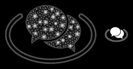 Glossy polygonal mesh web social network messages icon with glitter effect on a black background. Carcass social network messages iconic vector with illuminated spheres in majestic colors.のイラスト素材