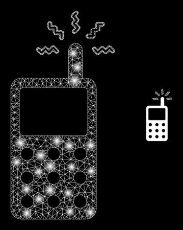 Glossy polygonal mesh web cell phone icon with glare effect on a black background. Constellation cell phone iconic vector with glowing dots in vibrant colors.のイラスト素材