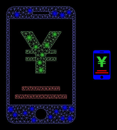 Glossy polygonal mesh web yen mobile banking icon with glare effect on a black background. Network yen mobile banking iconic vector with glamour dots in stardust colors.のイラスト素材