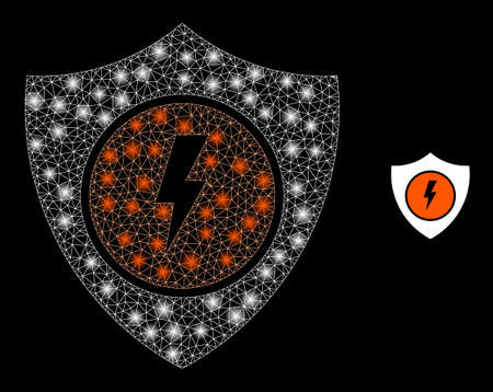 Glossy polygonal mesh web electric shield icon with glare effect on a black background. Constellation electric shield iconic vector with glitter dots in magic colors.のイラスト素材