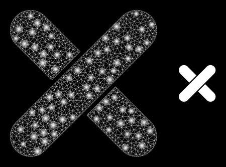 Glossy polygonal mesh web x-cross icon with glitter effect on a black background. Network x-cross iconic vector with glitter spheres in stardust colors.のイラスト素材