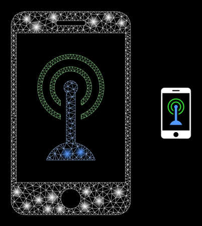 Glossy polygonal mesh web smartphone wi-fi hotspot icon with glow effect on a black background. Constellation smartphone wifi hotspot iconic vector with glowing spheres in stardust colors.のイラスト素材